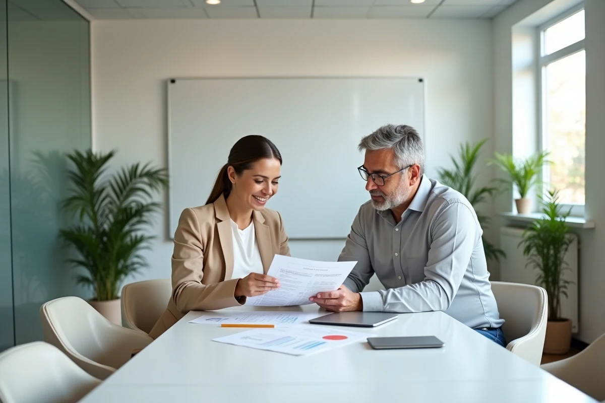 Deux professionnels analysant des rapports de trésorerie et un tableau de bord financier en salle de réunion