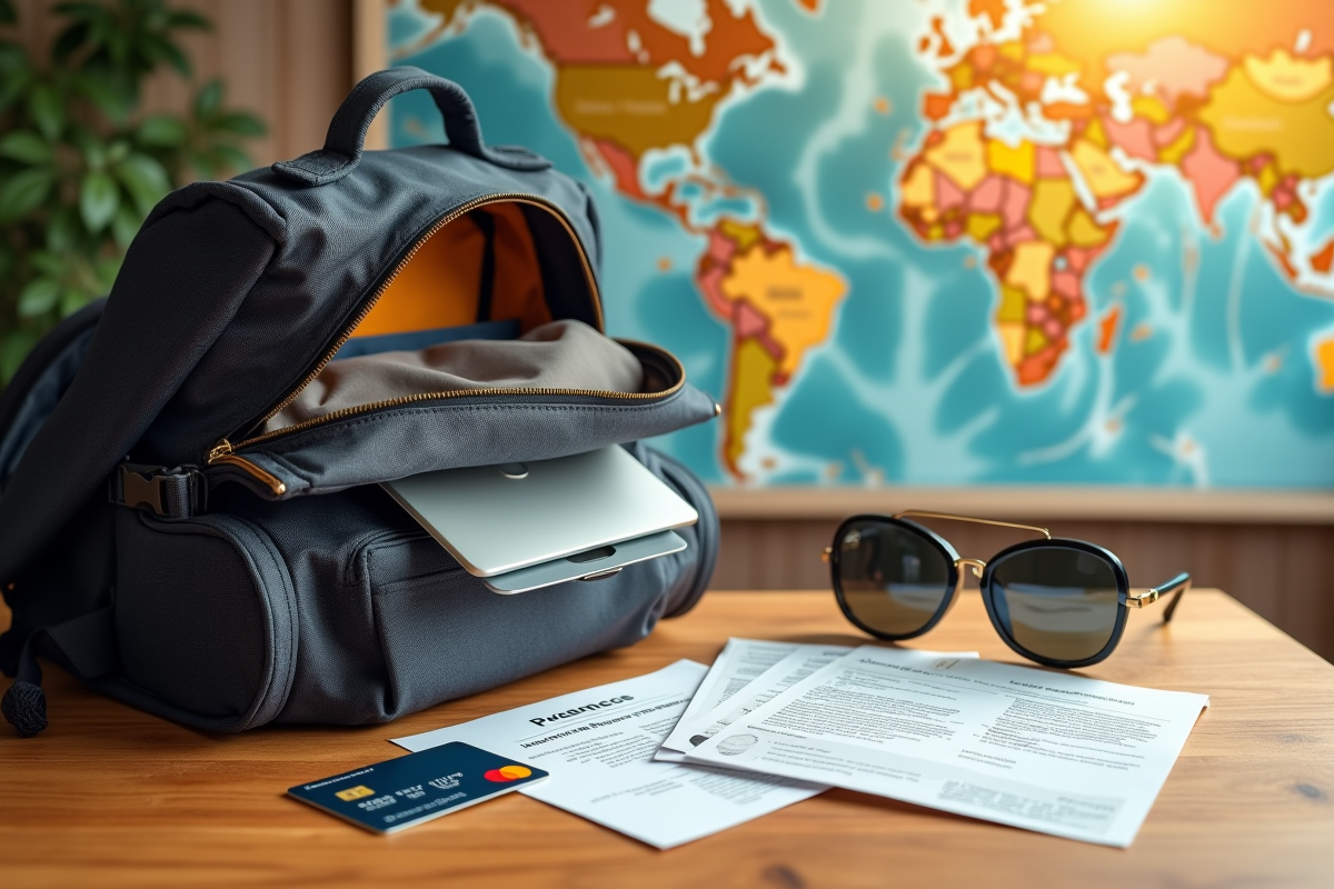Sac à dos ouvert avec carte et documents de voyage