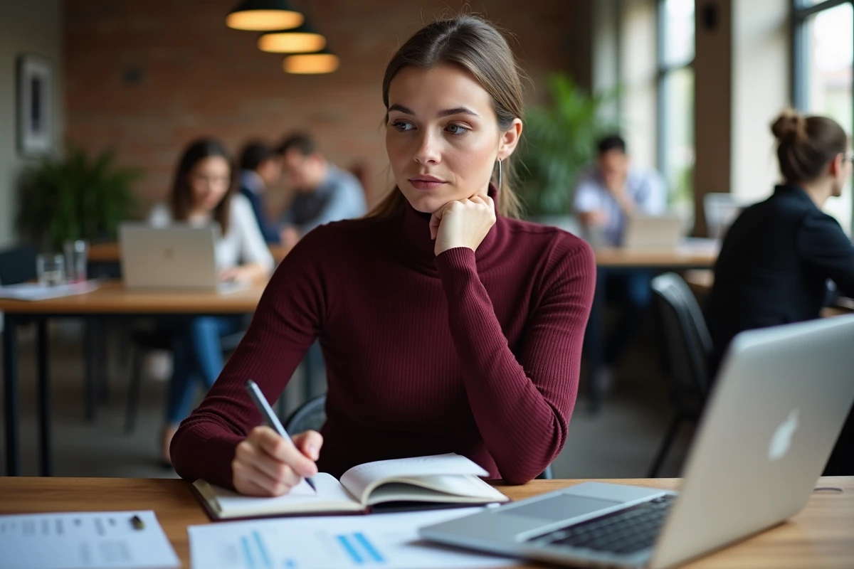 Écrivaine indépendante analysant ses revenus et son budget sur papier dans un espace de coworking moderne