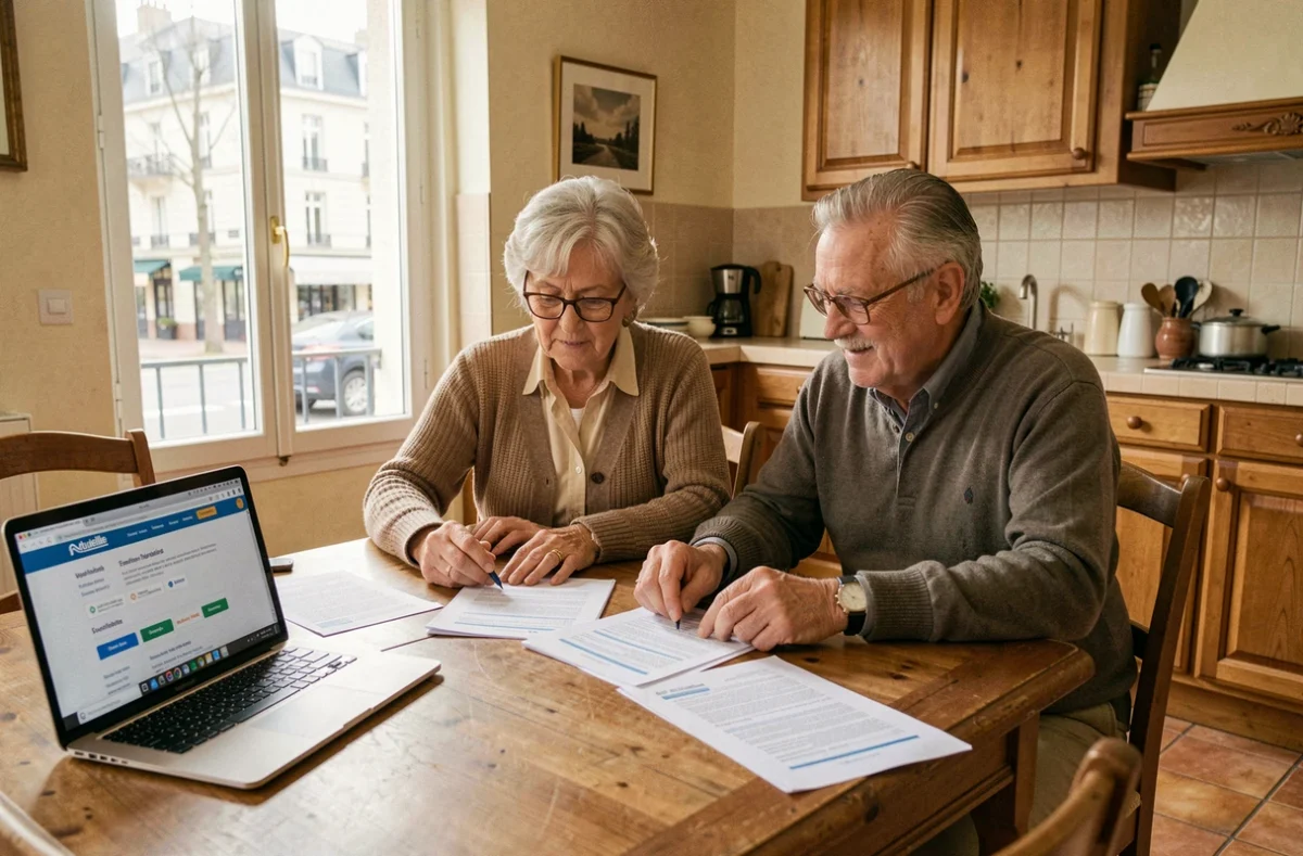 Couple de seniors étudiant leur contrat de mutuelle santé à domicile à Tours