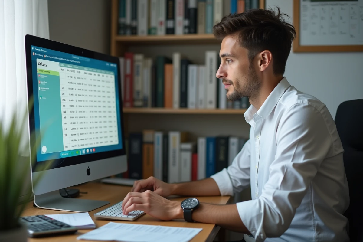 Homme utilisant un simulateur de fiche de paie sur ordinateur dans un bureau à domicile pour calculer son salaire au SMIC 25 heures