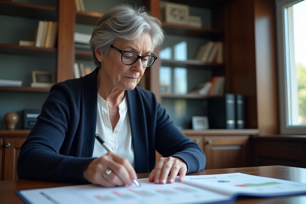 Une femme senior en rendez-vous avec un conseiller financier examine un simulateur de retraite nette dans un bureau professionnel