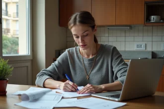 Femme consultant sa fiche de paie et un simulateur de salaire sur ordinateur portable dans une cuisine d'appartement