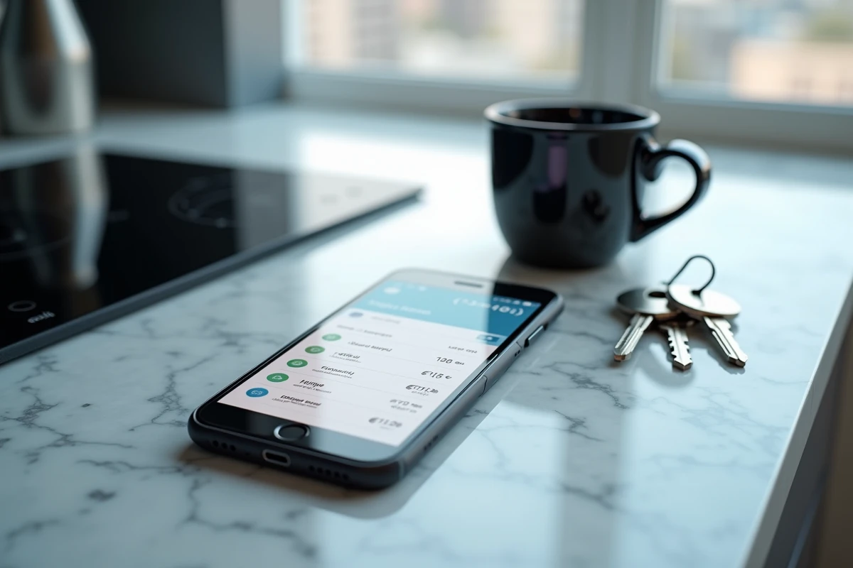 Smartphone affichant une application bancaire mobile avec plusieurs prélèvements identiques de 108 euros sur un comptoir en marbre