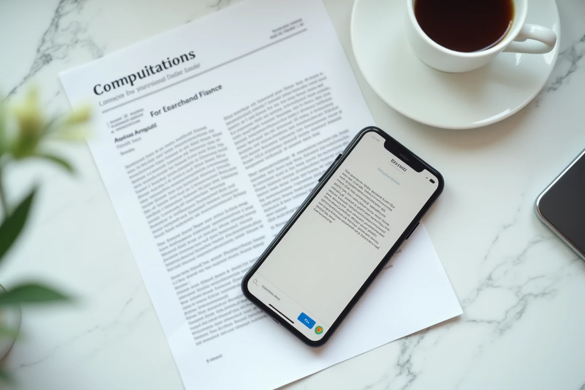 Smartphone affichant un email adressé à Cetelem posé sur un comptoir avec des documents de crédit
