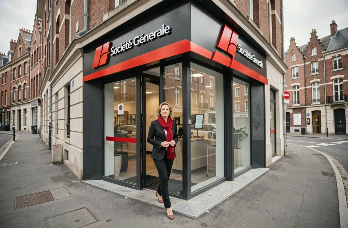 Entrée d'une agence Société Générale Hauts-de-France avec une professionnelle franchissant les portes vitrées