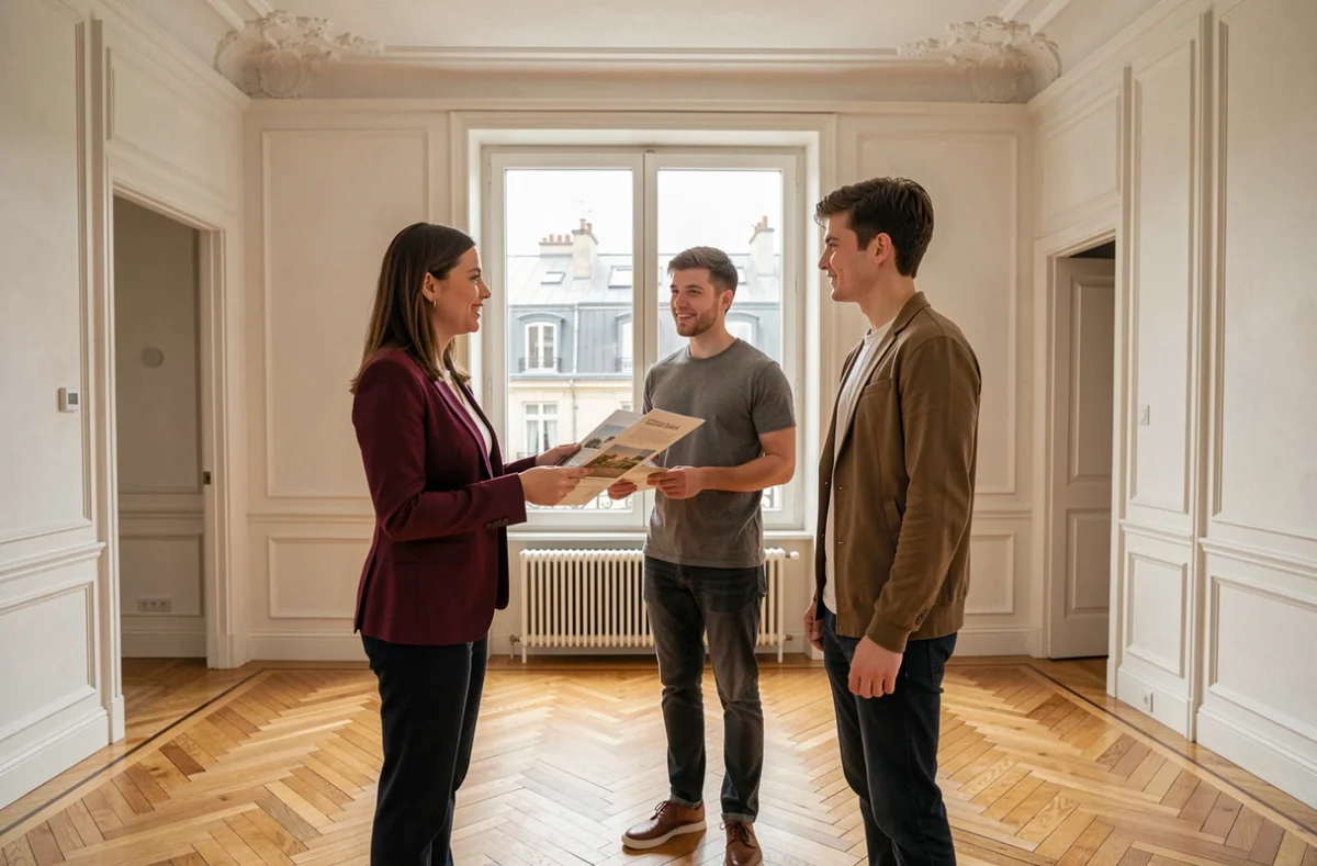 Agent de Stéphane Plaza Immobilier Dijon présentant un appartement à un couple dans un intérieur haussmannien avec vue sur les toits dijonnais