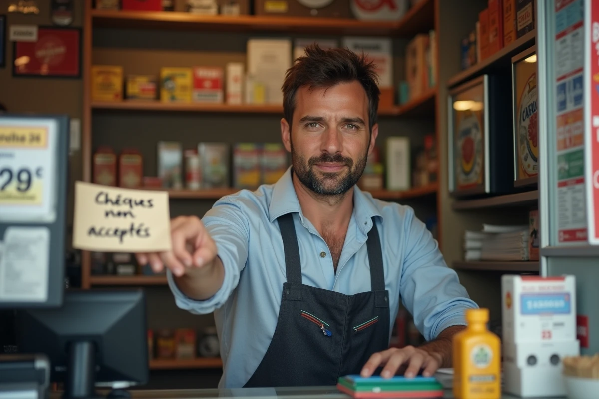 Employé d'un bureau de tabac français indiquant un panneau de refus des chèques Cadhoc