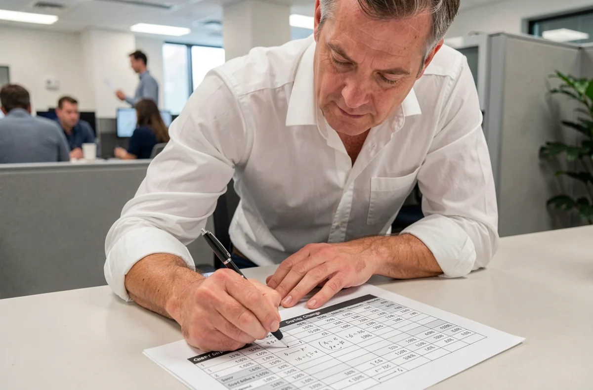 Homme d'affaires analysant un tableau de calcul de taux d'évolution avec pourcentages imprimés dans un bureau professionnel