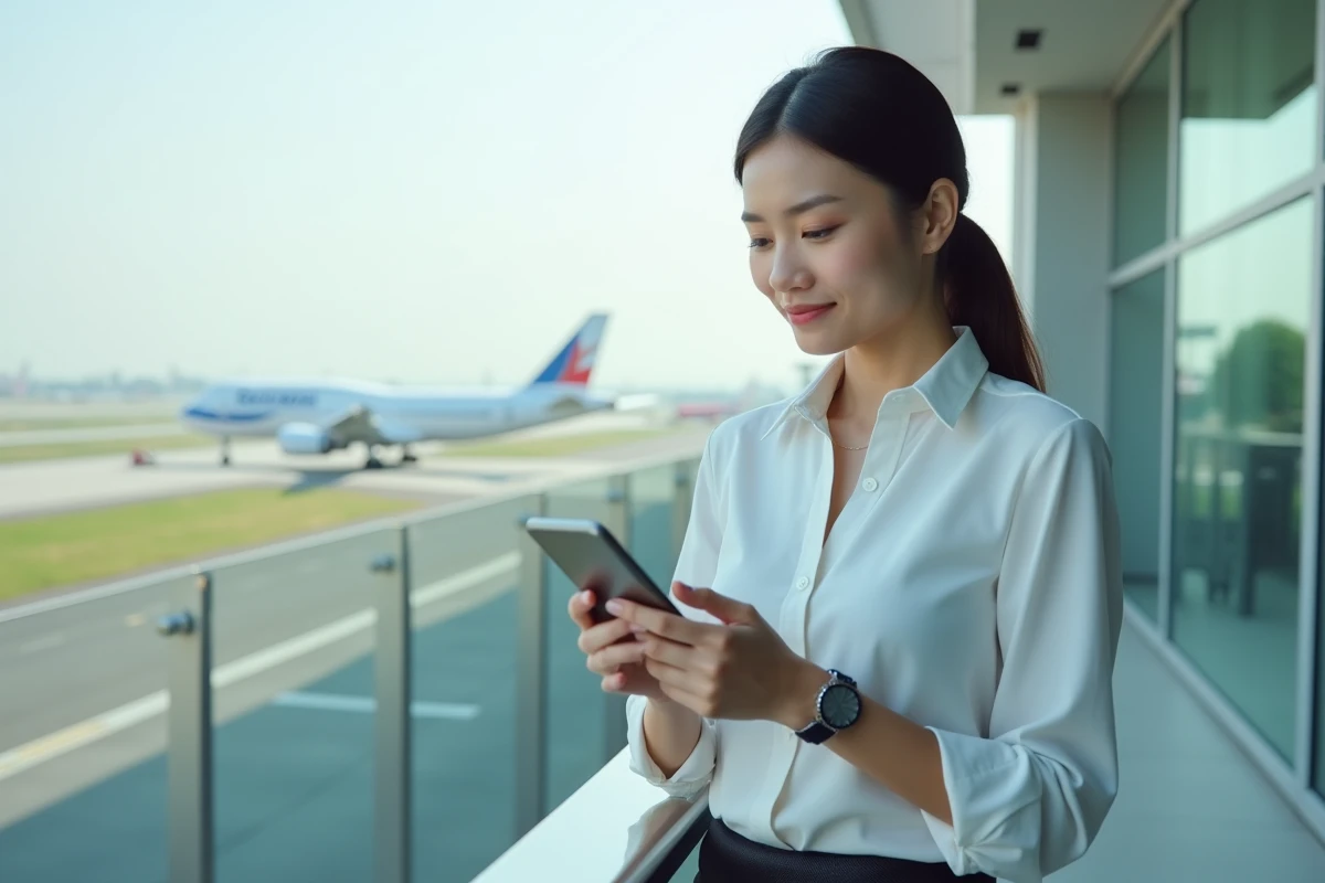 Jeune femme trader avec smartphone sur une terrasse d