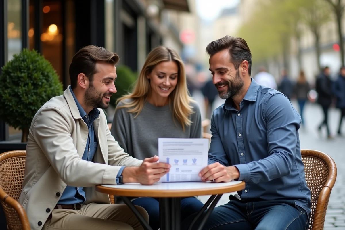 Groupe de travailleurs français discutant de la courbe des salaires et des revenus médians autour d'un café en terrasse