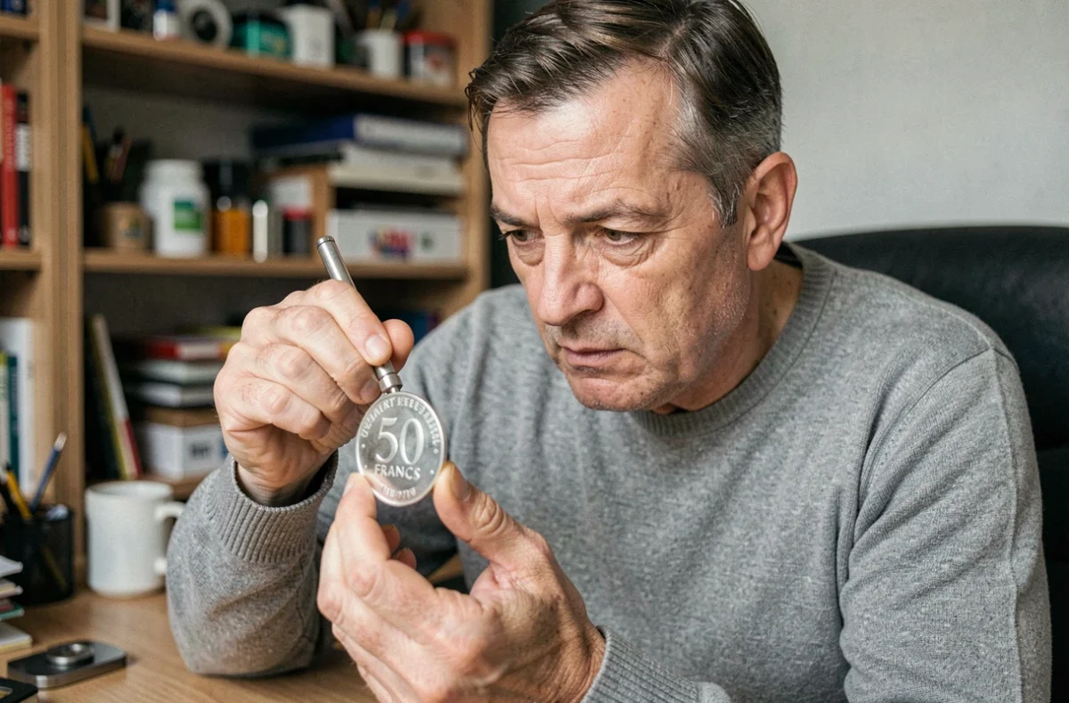 Homme examinant une pièce de 50 francs argent 1977 à la loupe, illustration des erreurs d'estimation des vendeurs particuliers