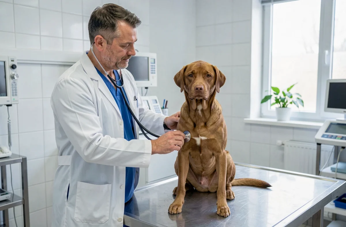 Vétérinaire examinant un chien dans une clinique moderne, représentant les soins couverts par une assurance chien Agria