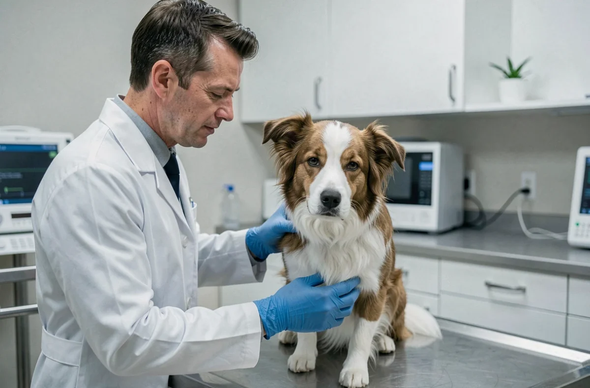 Vétérinaire examinant un border collie sur une table de consultation dans une clinique vétérinaire moderne