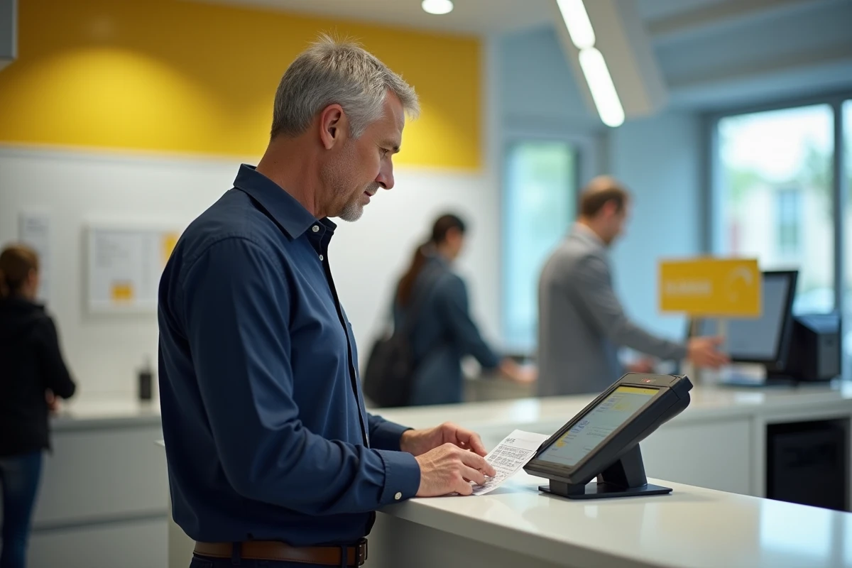 Homme réalisant un virement instantané au guichet d'une agence La Banque Postale