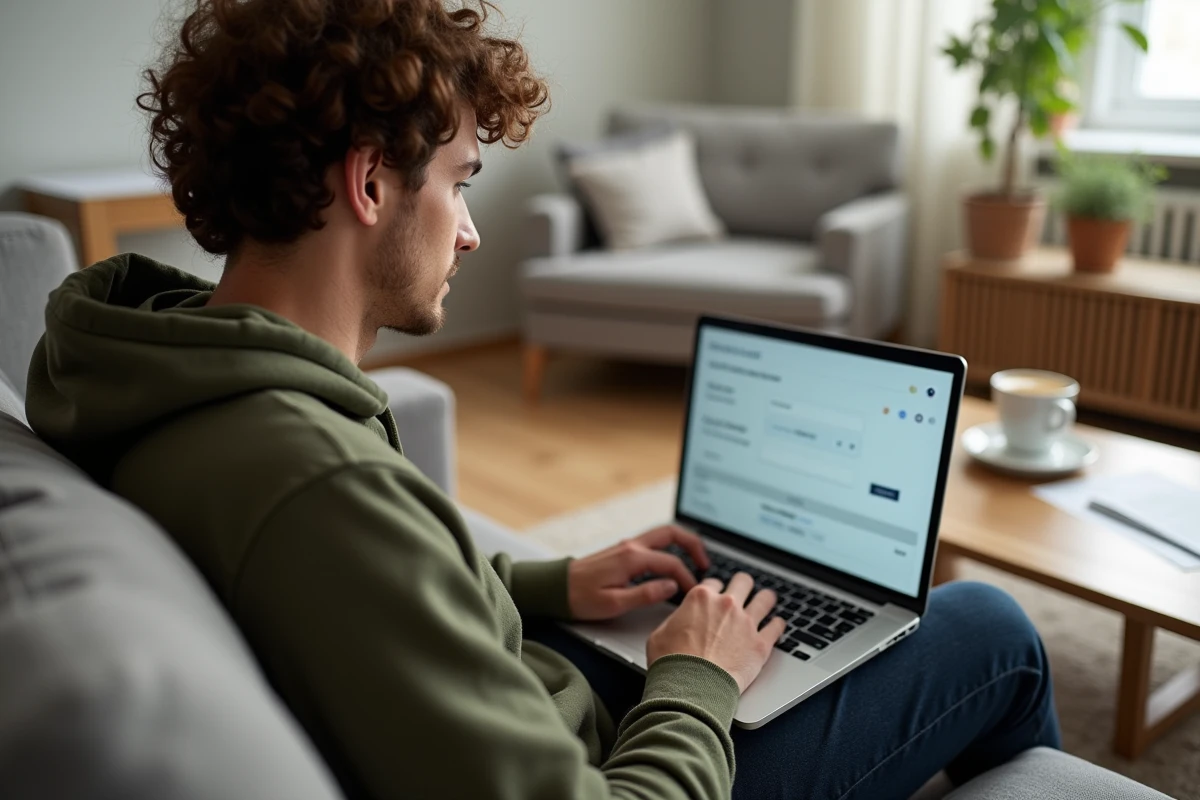 Jeune homme vérifiant les détails d'un virement instantané La Banque Postale sur ordinateur portable chez lui
