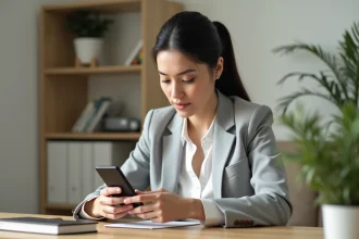 Femme effectuant un virement instantané La Banque Postale sur smartphone depuis son bureau à domicile