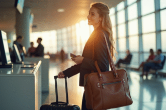 Jeune voyageur à l'aéroport avec carte or et valise