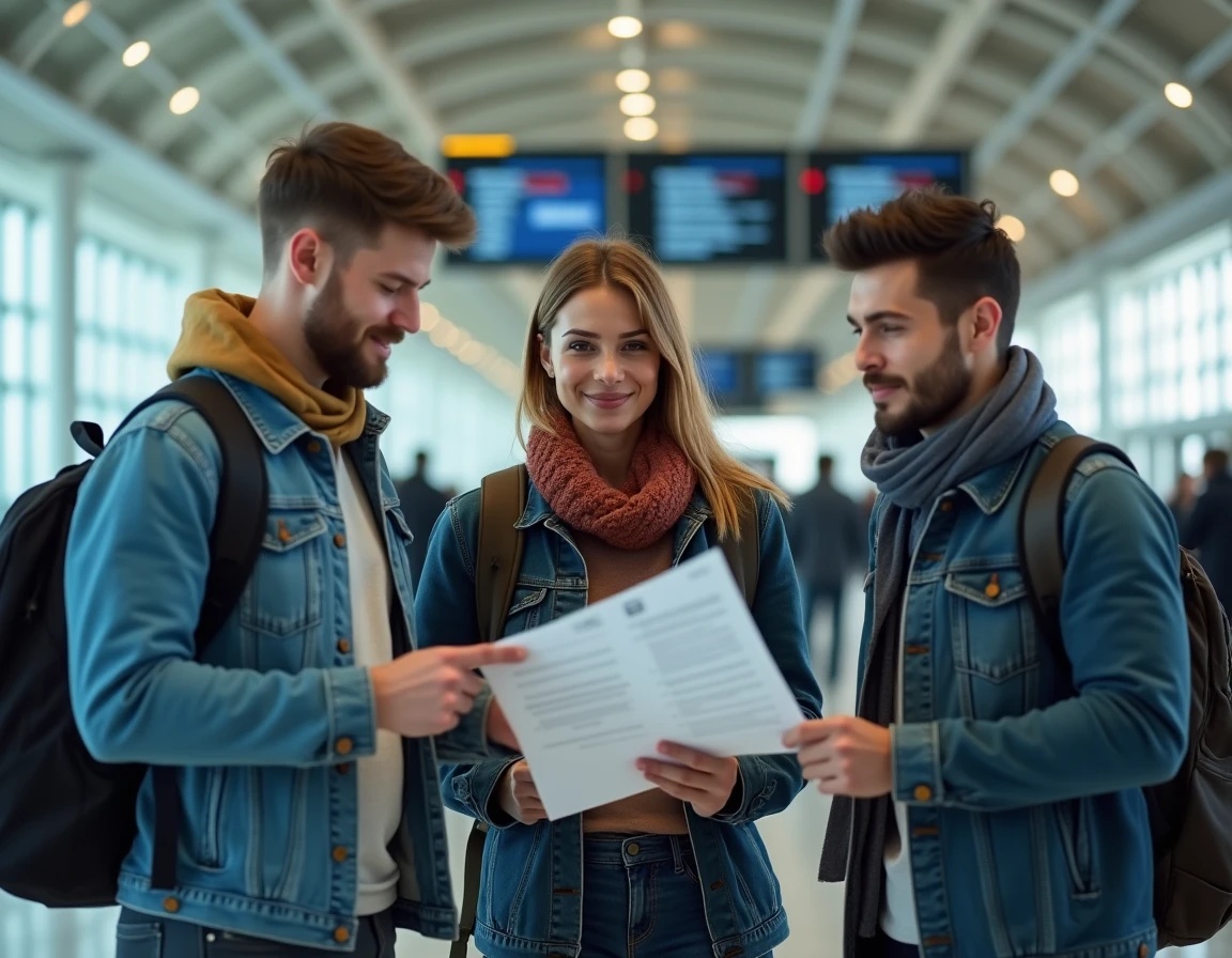 Groupe de voyageurs à l'aéroport examinant un contrat d'assurance voyage obtenu via un courtier avant le départ
