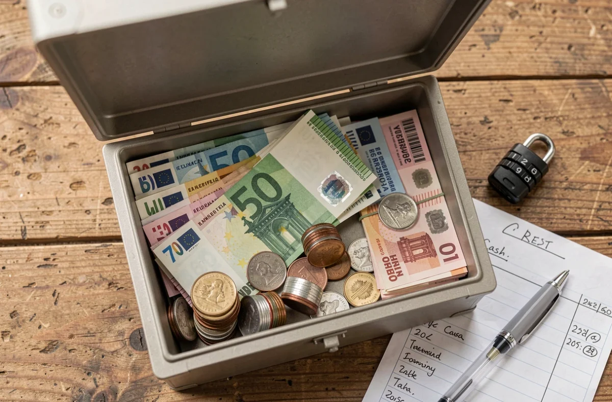 Vue aérienne d'une caisse ouverte contenant des billets en euros, des rouleaux de pièces, des tickets d'événement et un registre manuscrit sur une table en bois