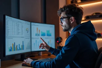 Youtubeur automobile analysant ses revenus et statistiques sur un écran dans un studio maison moderne